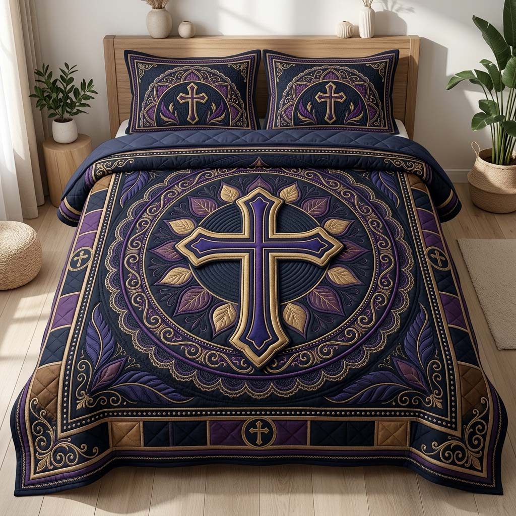 Midnight Faith Cross quilted 3-piece bedding set on a made bed in a softly lit bedroom