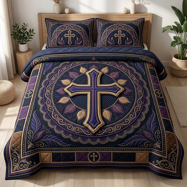 Midnight Faith Cross quilted 3-piece bedding set on a made bed in a softly lit bedroom