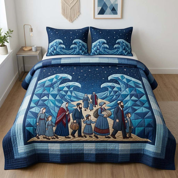 Midnight Faith Walk quilted 3-piece bedding set on a made bed in a softly lit bedroom
