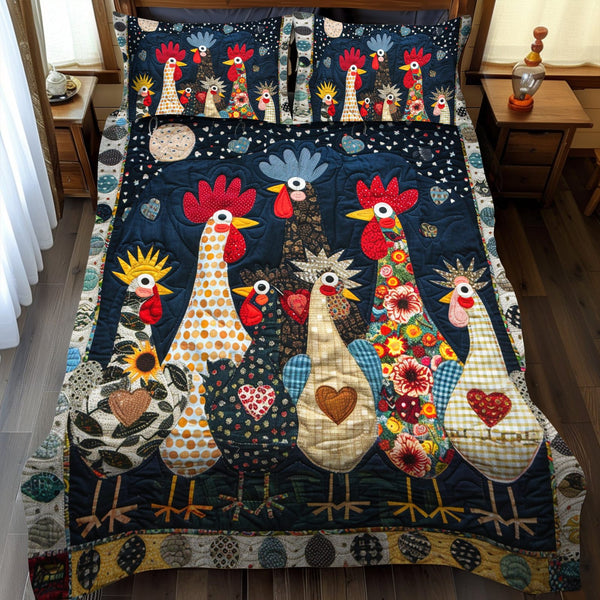 Midnight Farmhouse quilted 3-piece bedding set on a made bed in a farmhouse bedroom
