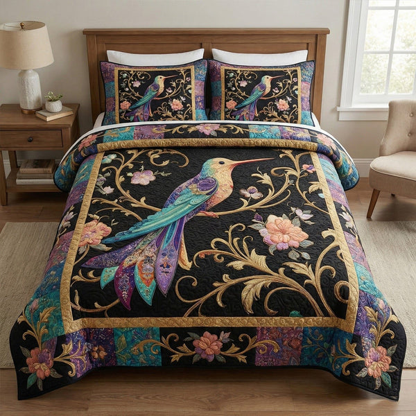 Midnight Floral quilted 3-piece bedding set on a made bed with two matching pillow shams