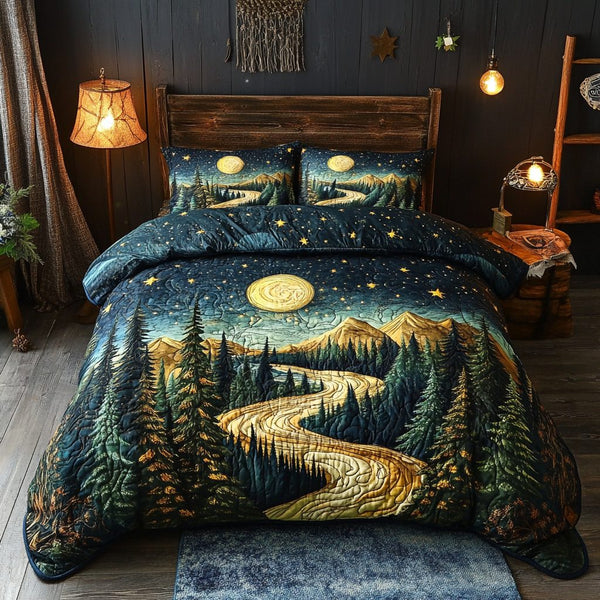Midnight Forest Glow quilted 3-piece bedding set on a made bed with two matching pillow shams