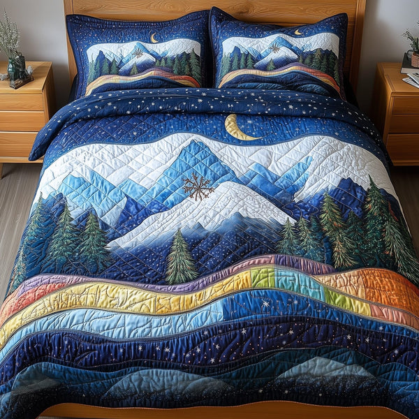 Midnight Forest quilted 3-piece bedding set on a made bed with two matching pillow shams