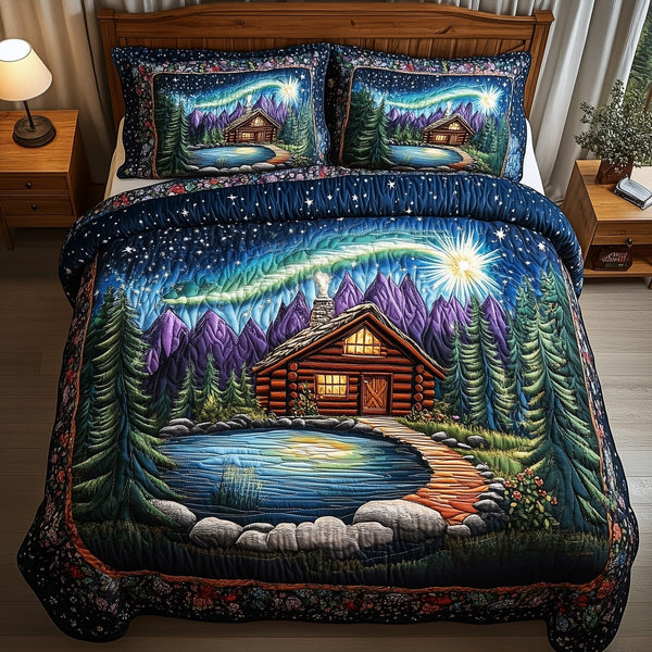 Midnight Forest quilted 3-piece bedding set on a made bed with two matching pillow shams
