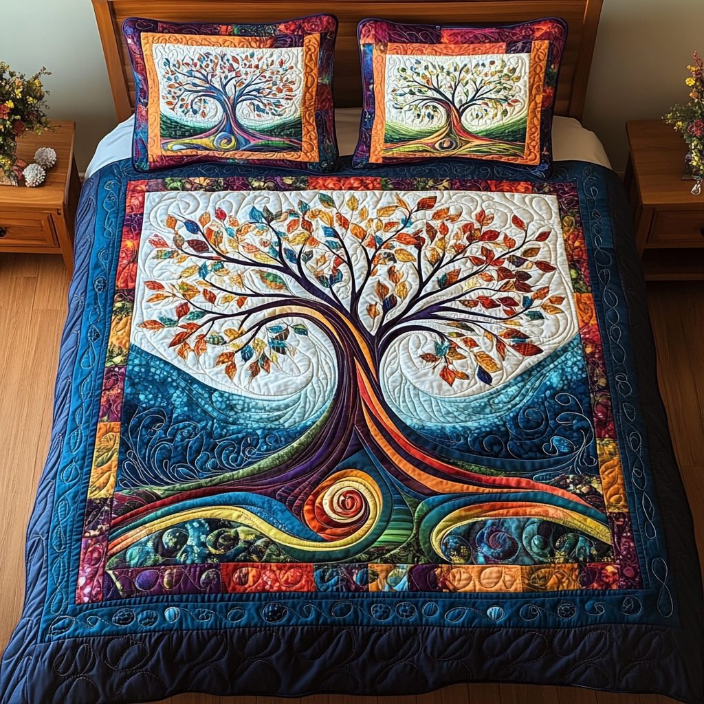 Midnight Garden Harmony quilted 3-piece bedding set on a made bed with two matching pillow shams