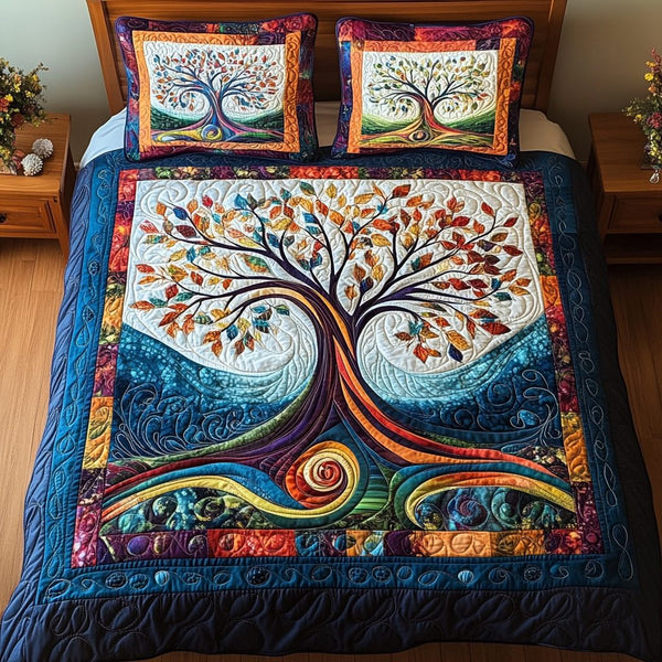 Midnight Garden Harmony quilted 3-piece bedding set on a made bed with two matching pillow shams