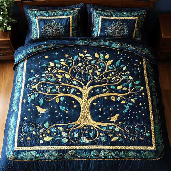 Midnight Garden Harmony quilted 3-piece bedding set on a made bed with two matching pillow shams
