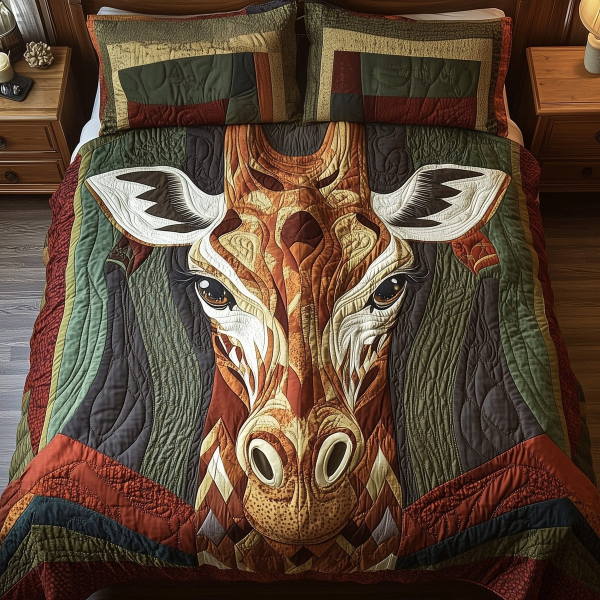 Midnight Giraffe quilted 3-piece bedding set on a made bed with two matching pillow shams