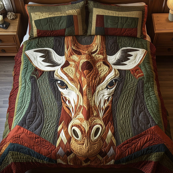Midnight Giraffe quilted 3-piece bedding set on a made bed with two matching pillow shams