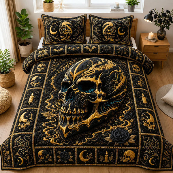 Midnight Gold Gothic Skull quilted 3-piece bedding set on a made bed against a dark styled interior