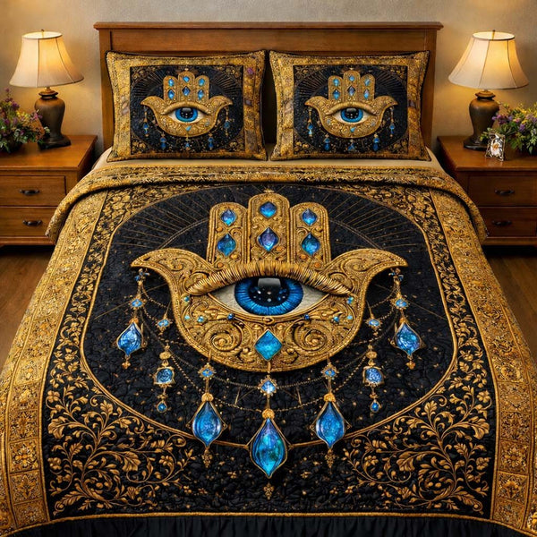 Midnight Hamsa Protection quilted 3-piece bedding set on a made bed with two matching pillow shams