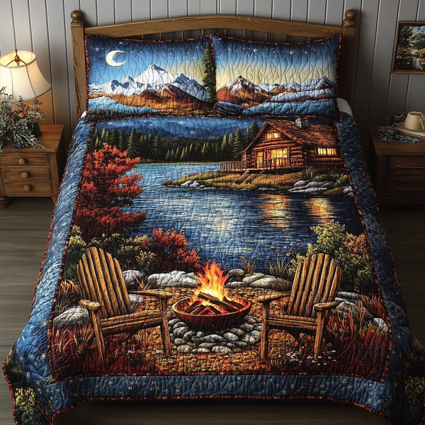 Midnight Harmony quilted 3-piece bedding set on a made bed with two matching pillow shams