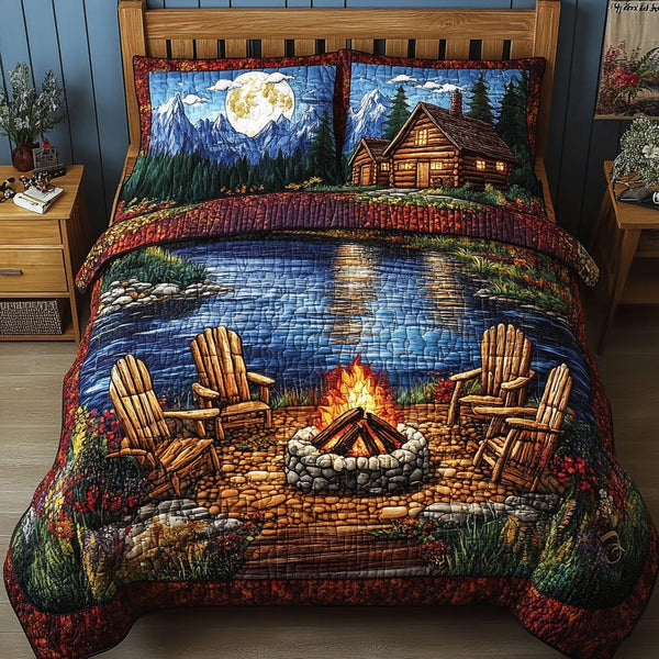 Midnight Harmony quilted 3-piece bedding set on a made bed with two matching pillow shams