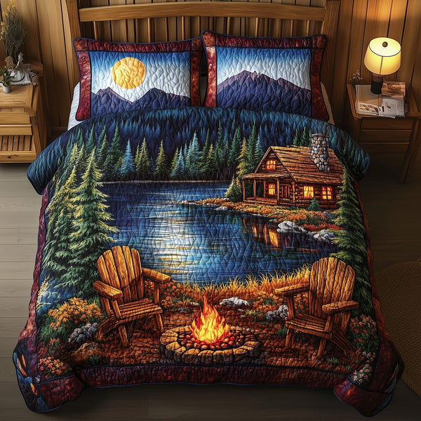 Midnight Harmony quilted 3-piece bedding set on a made bed with two matching pillow shams