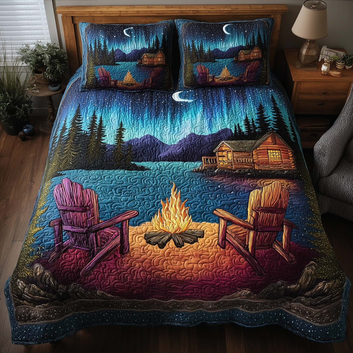 Midnight Harmony quilted 3-piece bedding set on a made bed with two matching pillow shams