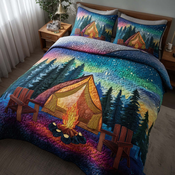 Midnight Harmony quilted 3-piece bedding set on a made bed with two matching pillow shams
