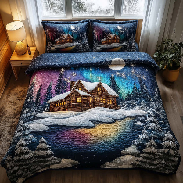 Midnight Harmony quilted 3-piece bedding set on a made bed with two matching pillow shams