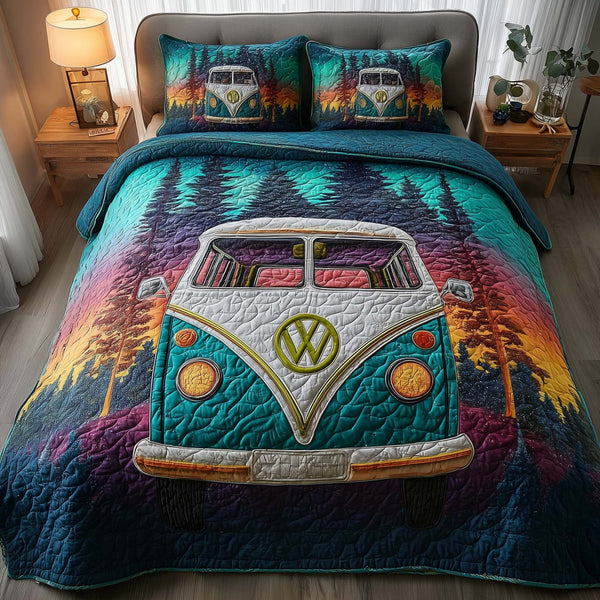 Midnight Harmony quilted 3-piece bedding set on a made bed with two matching pillow shams