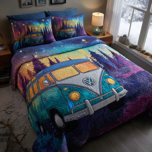 Midnight Harmony quilted 3-piece bedding set on a made bed with two matching pillow shams