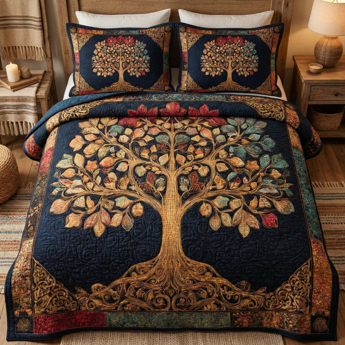Midnight Harvest quilted 3-piece bedding set on a made bed with two matching pillow shams