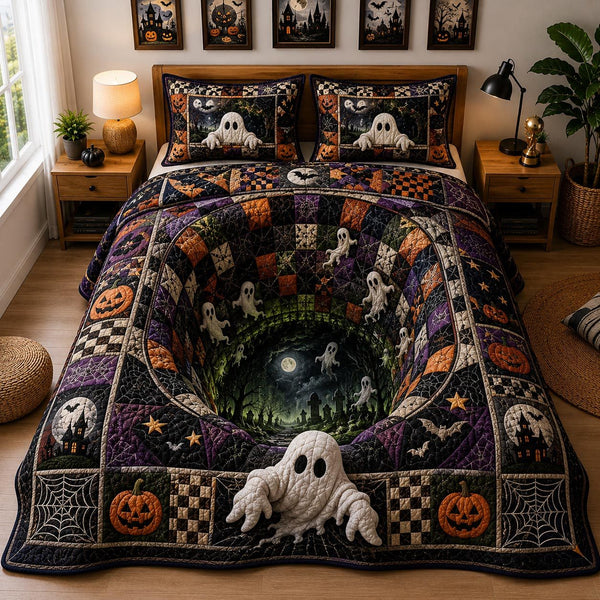 Midnight Haunt quilted 3-piece bedding set on a made bed with two matching pillow shams