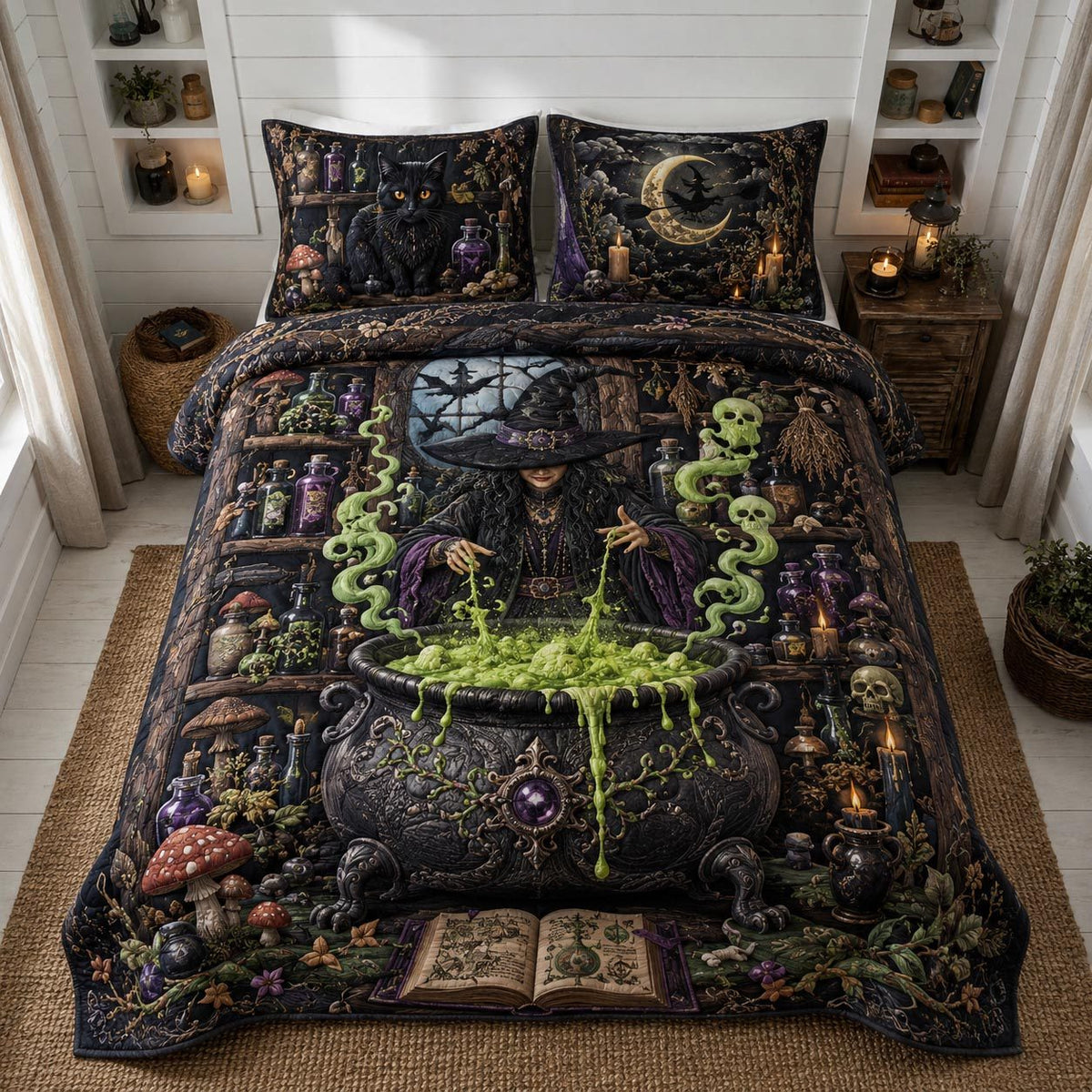 Midnight Haunt quilted 3-piece bedding set on a made bed with two matching pillow shams