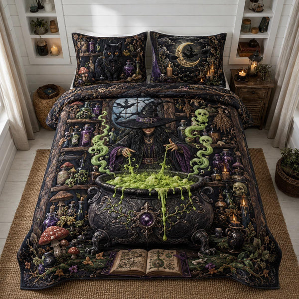 Midnight Haunt quilted 3-piece bedding set on a made bed with two matching pillow shams