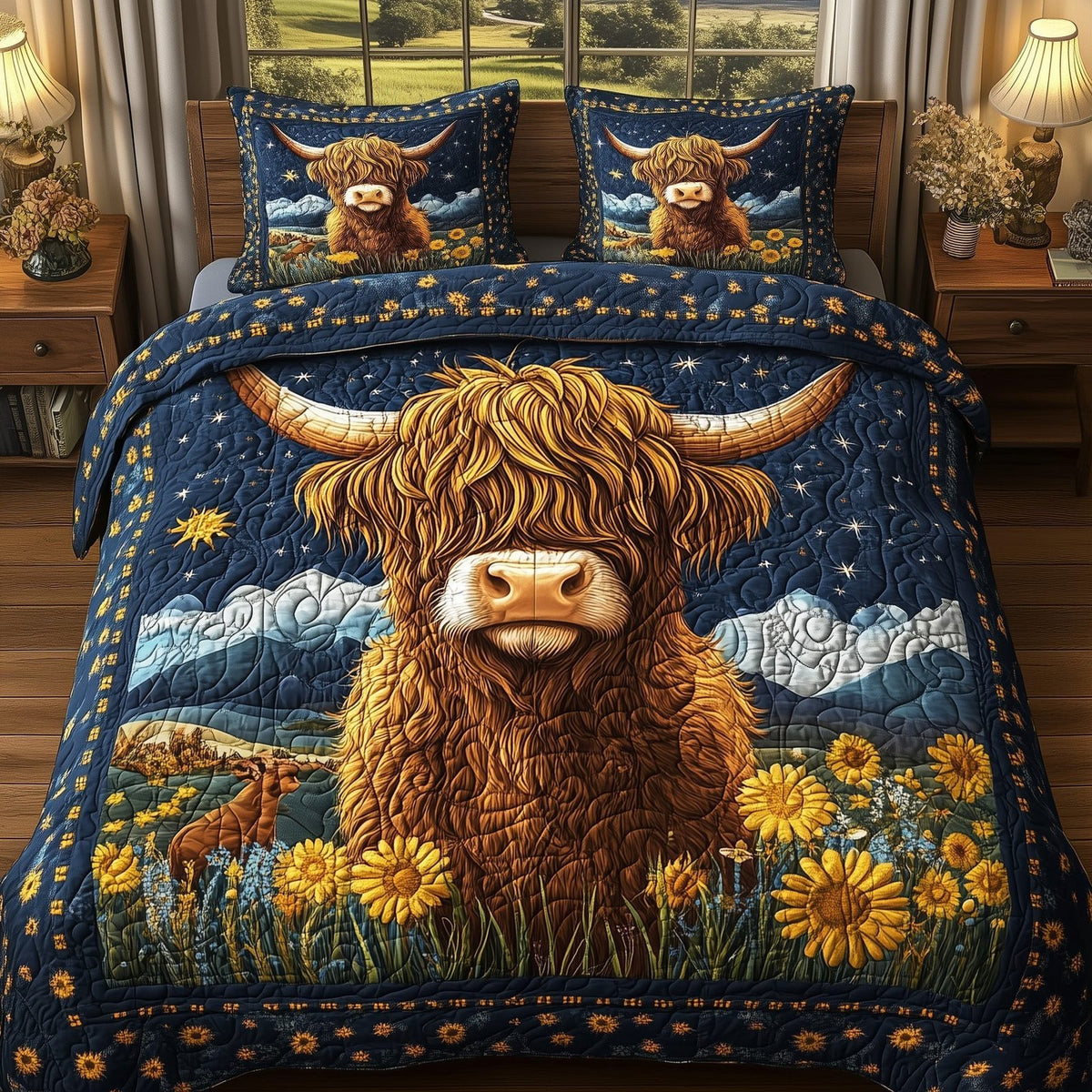 Midnight Highland Cow quilted 3-piece bedding set on a made bed with two matching pillow shams