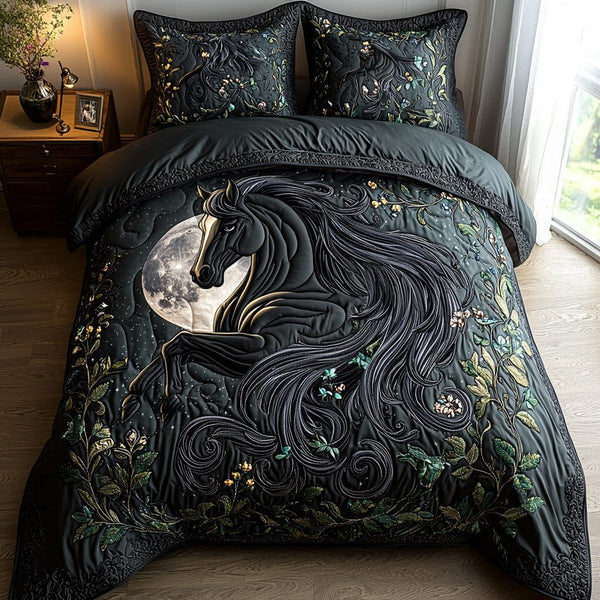 Midnight Horse quilted 3-piece bedding set on a made bed in a rustic timber bedroom