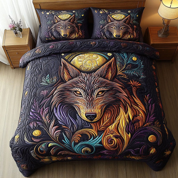 Midnight Howl quilted 3-piece bedding set on a made bed with two matching pillow shams