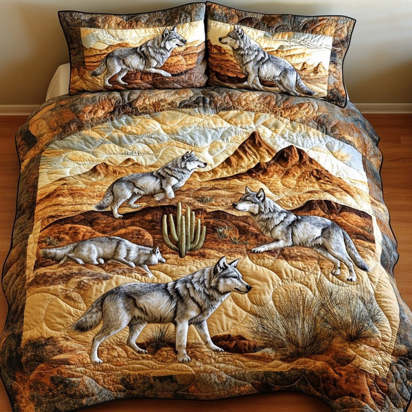Midnight Howl quilted 3-piece bedding set on a made bed with two matching pillow shams