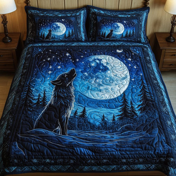 Midnight Howl quilted 3-piece bedding set on a made bed with two matching pillow shams