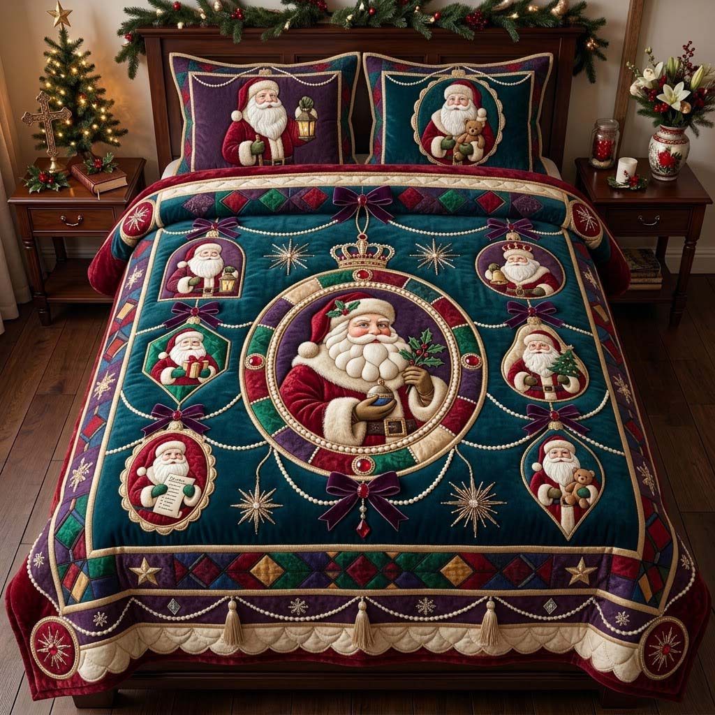 Midnight Jewel Santa Ornament quilted 3-piece bedding set on a made bed in a winter-styled bedroom