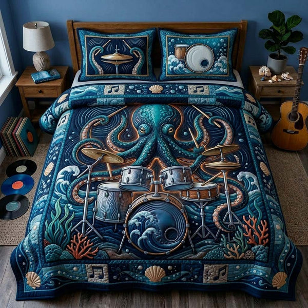 Midnight Kraken Beats quilted 3-piece bedding set on a made bed with two matching pillow shams