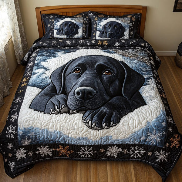 Midnight Labrador quilted 3-piece bedding set on a made bed with two matching pillow shams
