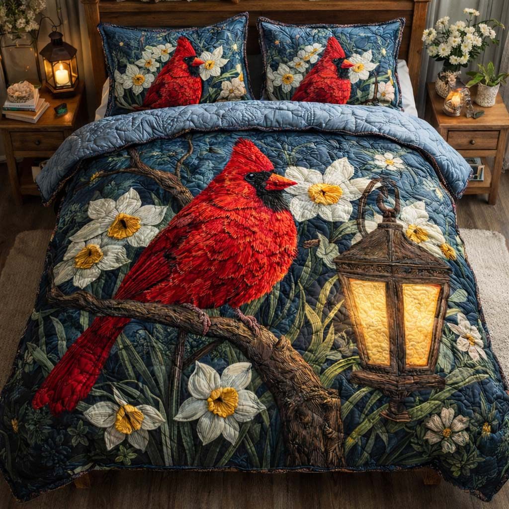 Midnight Lantern Cardinal quilted 3-piece bedding set on a made bed with two matching pillow shams