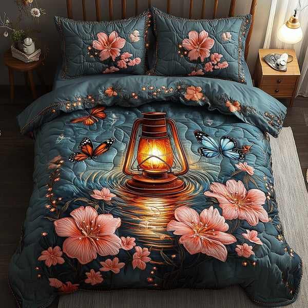 Midnight Lantern quilted 3-piece bedding set on a made bed with two matching pillow shams