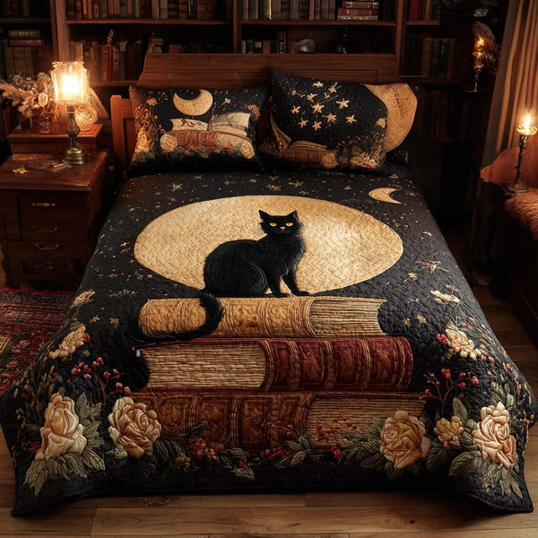 Midnight Librarian quilted 3-piece bedding set on a made bed with two matching pillow shams