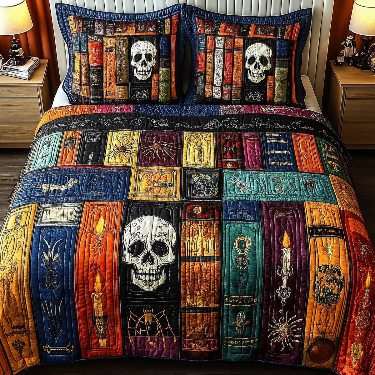 Midnight Library quilted 3-piece bedding set on a made bed with two matching pillow shams