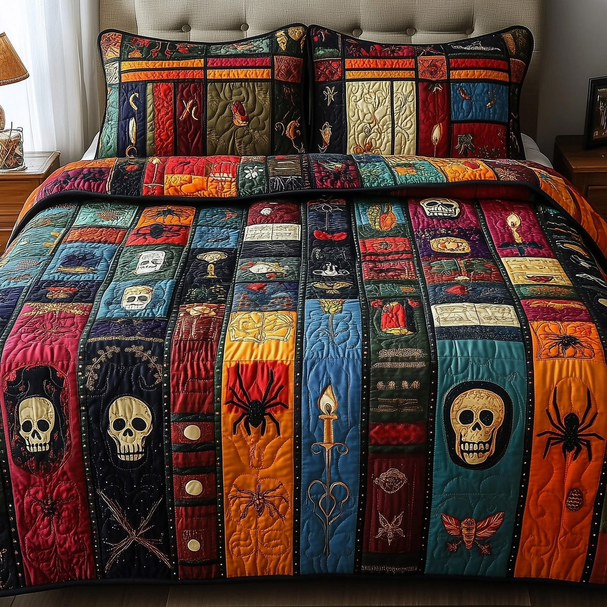 Midnight Library quilted 3-piece bedding set on a made bed with two matching pillow shams