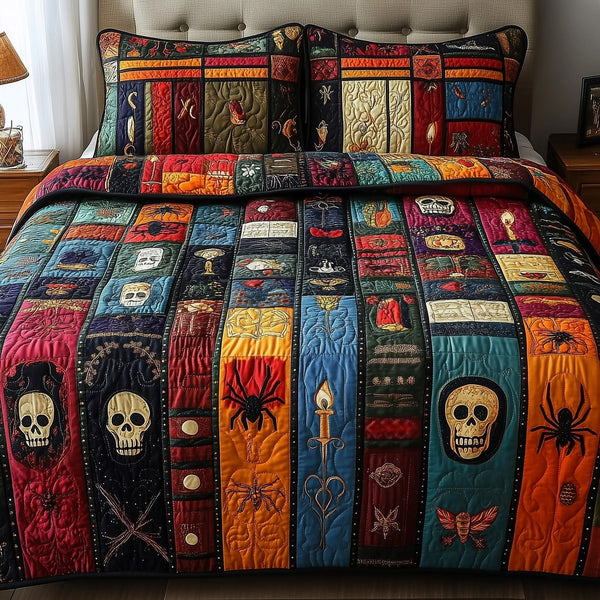 Midnight Library quilted 3-piece bedding set on a made bed with two matching pillow shams