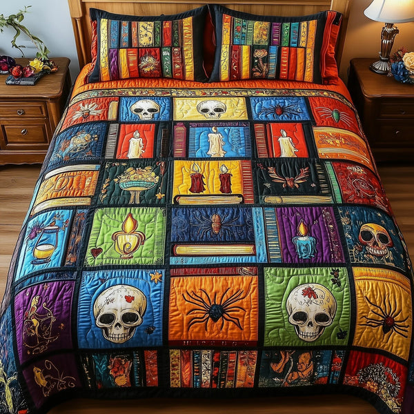 Midnight Library quilted 3-piece bedding set on a made bed with two matching pillow shams