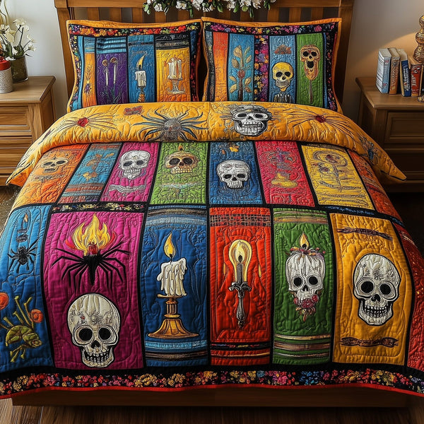 Midnight Library quilted 3-piece bedding set on a made bed with two matching pillow shams