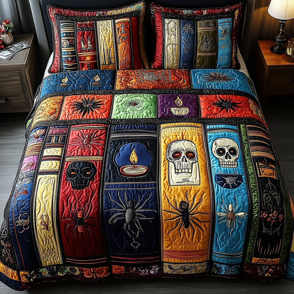 Midnight Library quilted 3-piece bedding set on a made bed with two matching pillow shams