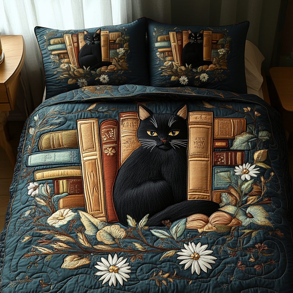 Midnight Library quilted 3-piece bedding set on a made bed with two matching pillow shams