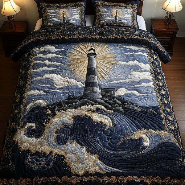 Midnight Lighthouse Glow quilted 3-piece bedding set on a made bed in a light coastal bedroom