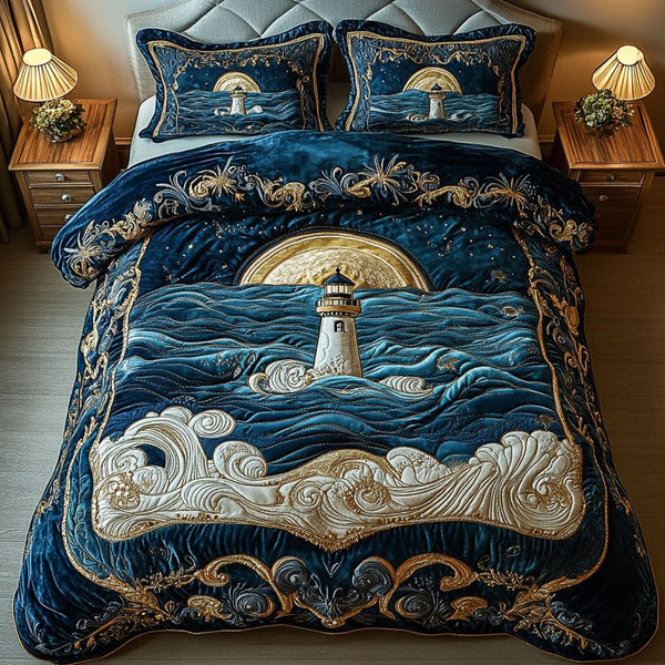 Midnight Lighthouse quilted 3-piece bedding set on a made bed in a light coastal bedroom