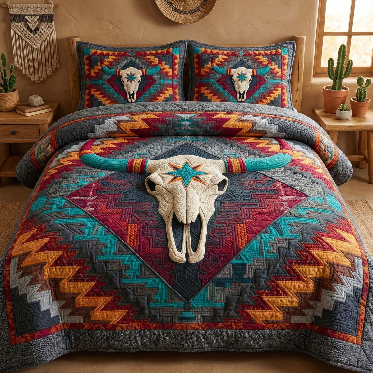 Midnight Longhorn quilted 3-piece bedding set on a made bed in a rustic timber bedroom