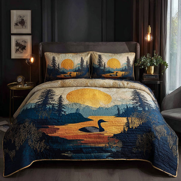 Midnight Loon quilted 3-piece bedding set on a made bed with two matching pillow shams