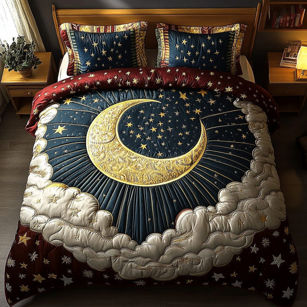 Midnight Magic quilted 3-piece bedding set on a made bed with two matching pillow shams